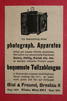 Blatt Historische Werbung Bial und Freund Breslau II 1905 Wien Fotoapparat Fotografie